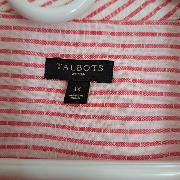 TALBOTS WOMAN 1X linen blouse shirt top red pinstripe darts long sleeve plus sz - Picture 5 of 7